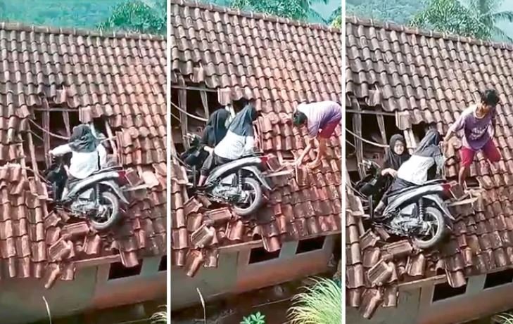 Viral, Bocah Kendarai Sepeda Motor Malah Nyangkut di Genting Rumah