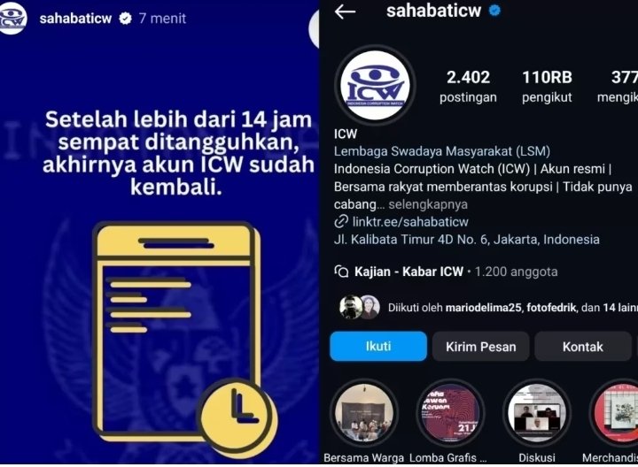 Sempat Di-suspend Diduga Buntut Menyuarakan Peringatan Darurat, Akun Instagram ICW Sudah Pulih Kembali